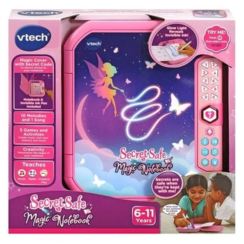 VTech Secret Safe Magic Notebook retail box showing the pink electronic diary, invisible ink pen, UV light and activity features