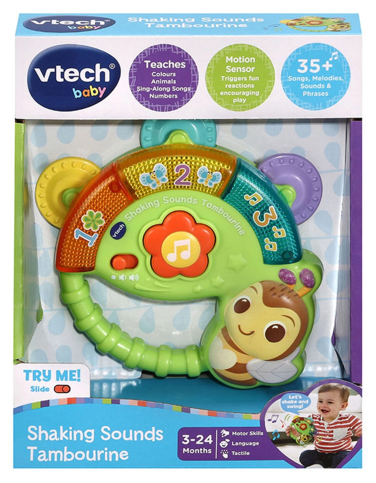 VTech Shaking Sounds Tambourine inside retail packaging showing VTech baby branding, 3 to 24 months label and 35 plus songs badge