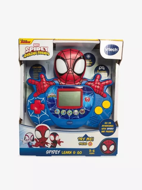 Boxed VTech Spidey Learn & Go with blue handheld learning toy, Spidey figure design and yellow buttons