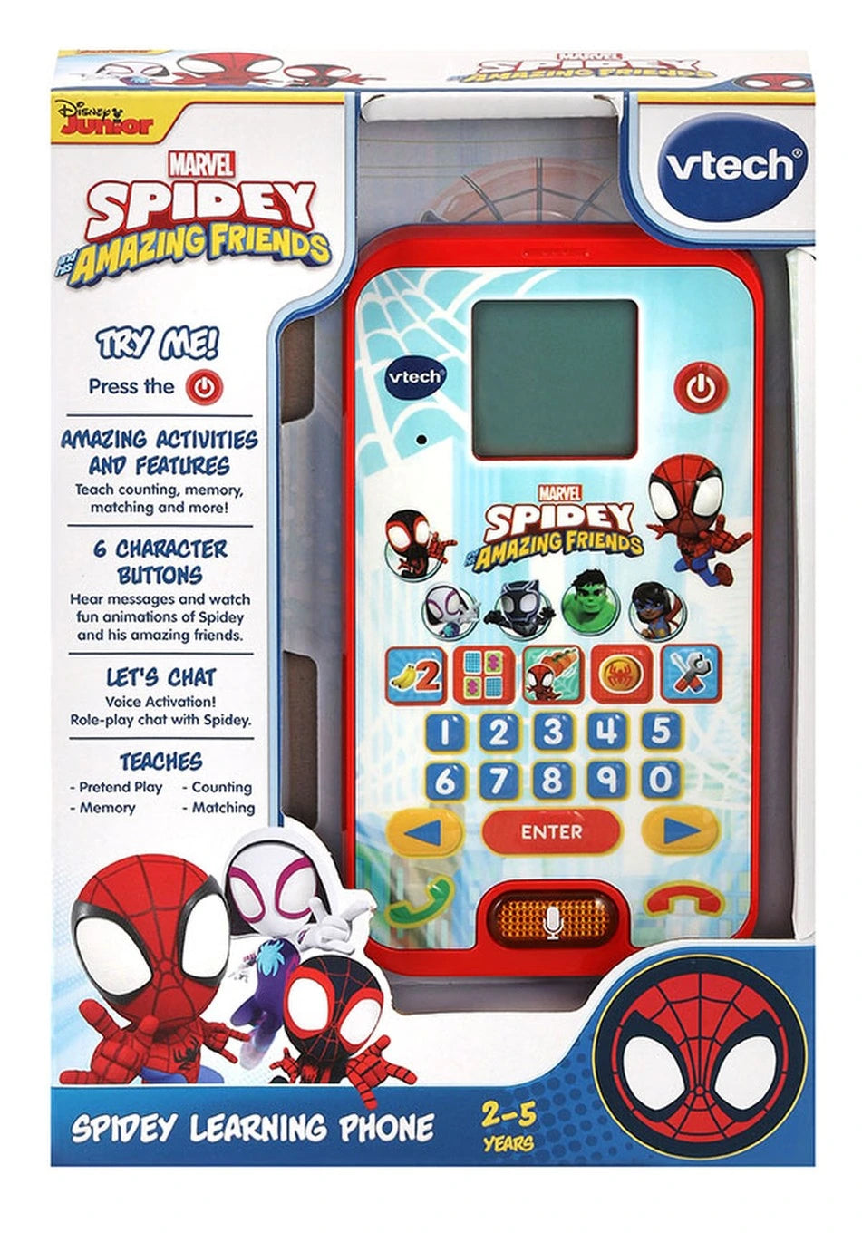 VTech Spidey Learning Phone in retail packaging with LCD screen, number keypad and Marvel Spidey graphics