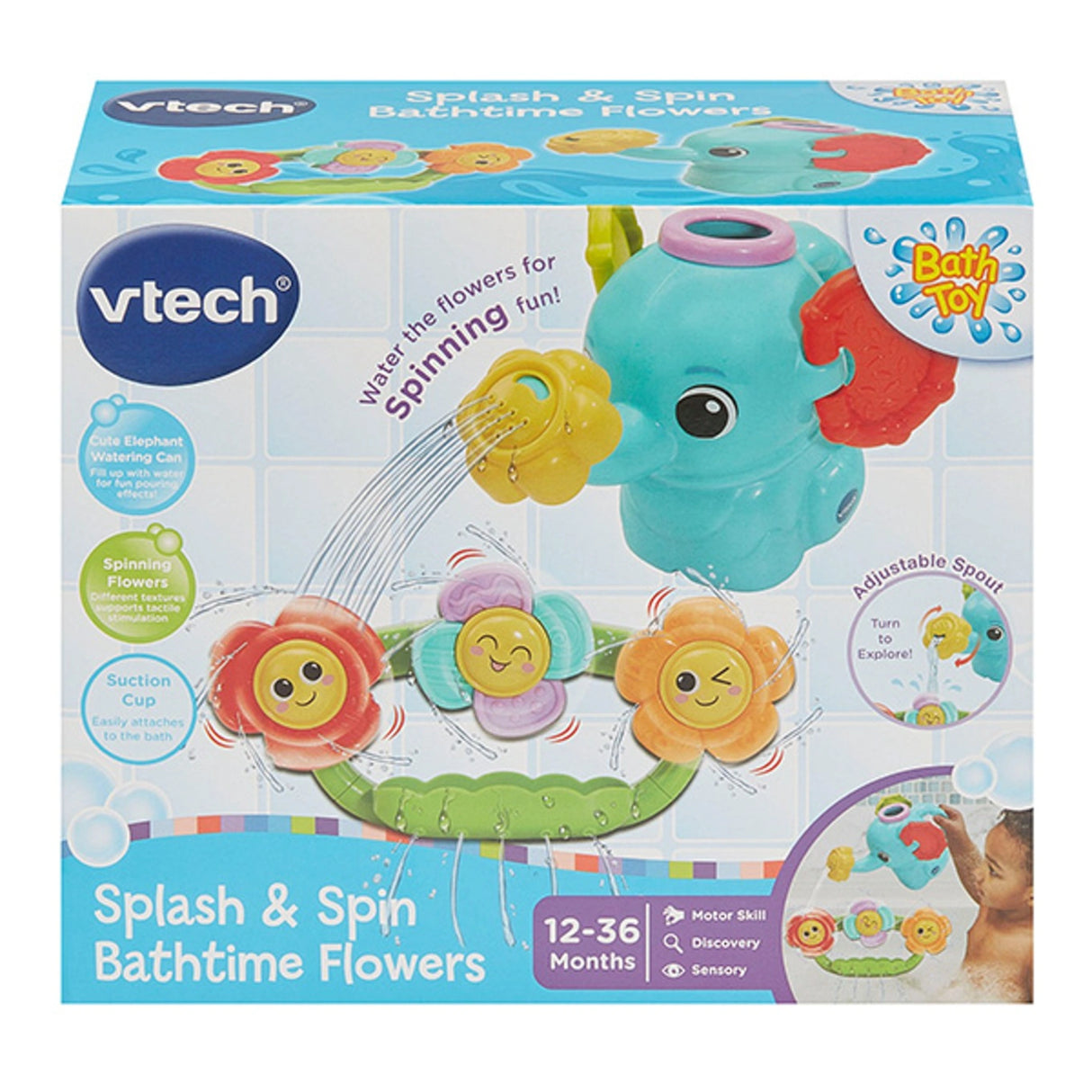 VTech Splash & Spin Bathtime Flowers in retail packaging showing elephant watering can, flower bar and 12 to 36 months label
