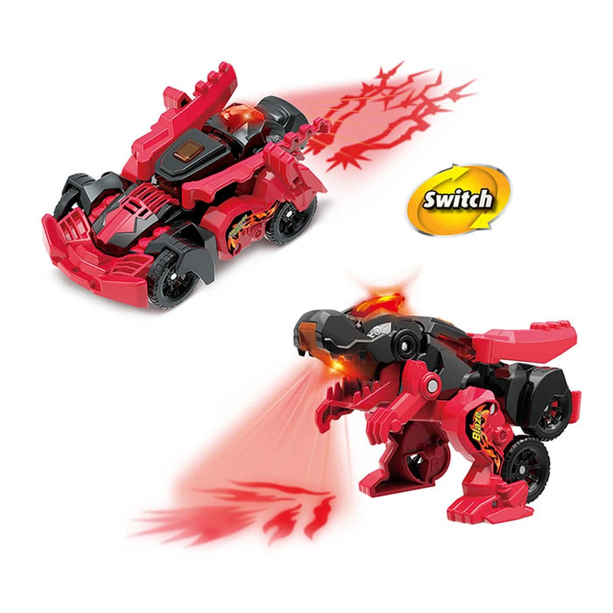 VTech Switch and Go Dinos Blaze the T-Rex shown in car mode and dinosaur mode with switch feature displayed