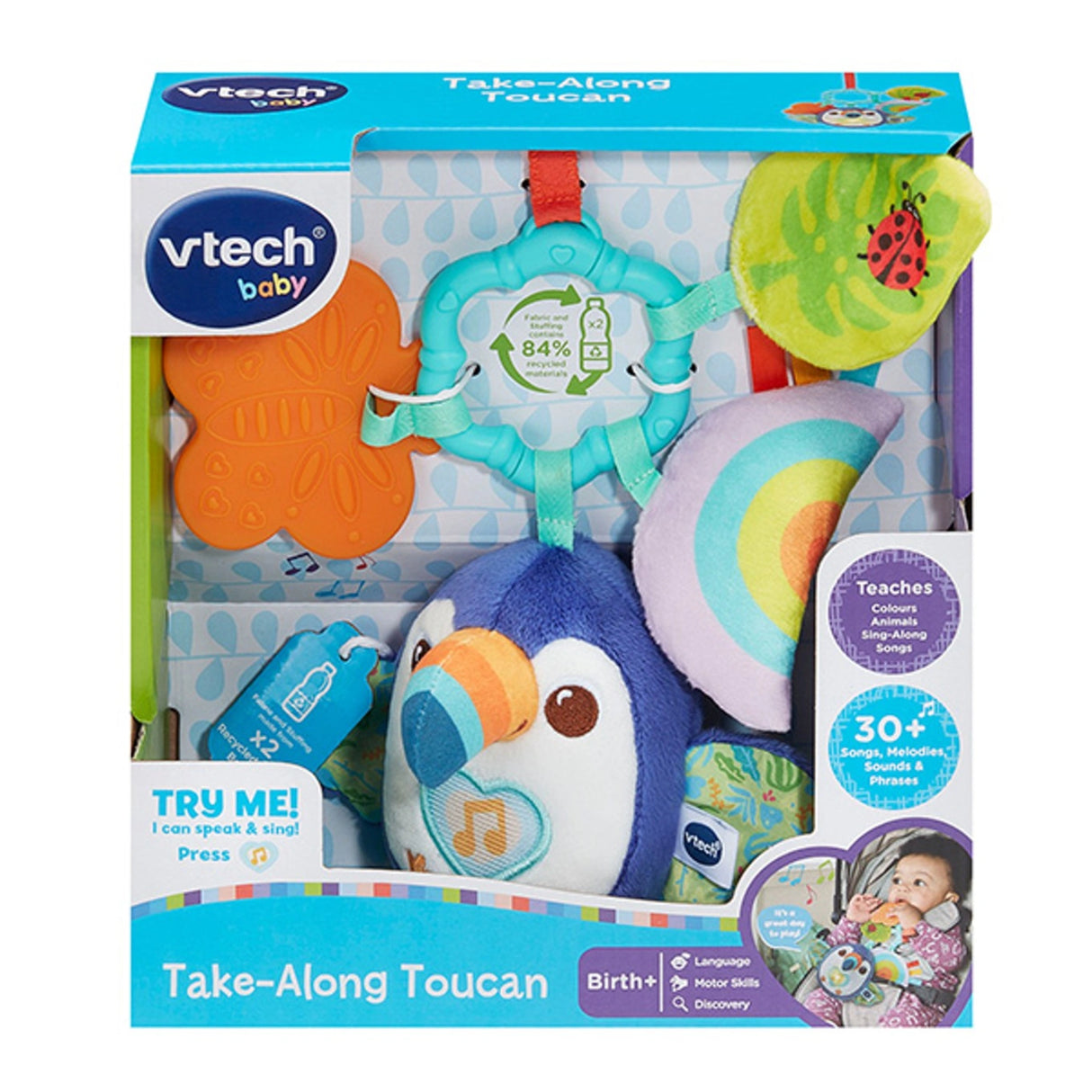 VTech Take Along Toucan in VTech baby retail box showing soft toucan toy with TRY ME panel and Birth+ age label