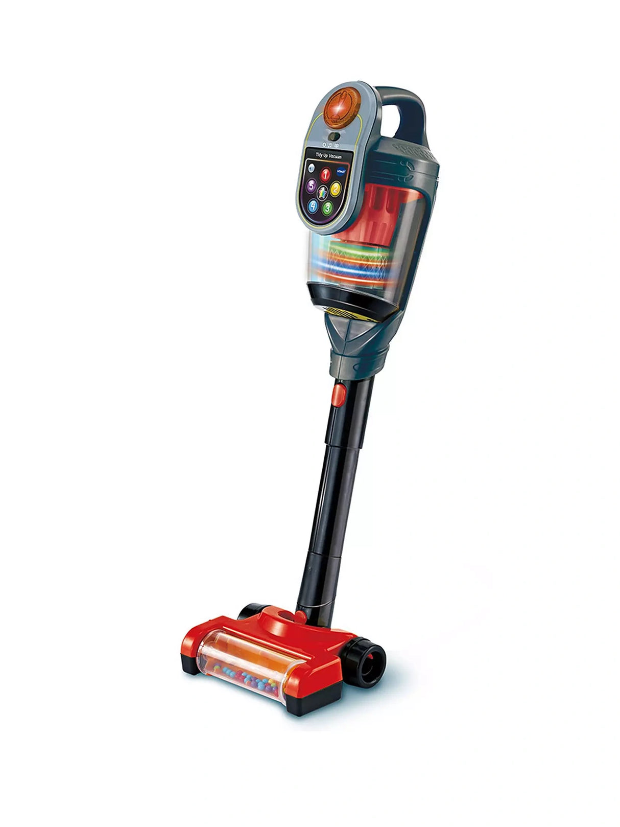 VTech Tidy Up Vacuum with black extension tube, red floor head, coloured buttons and clear chamber on white background