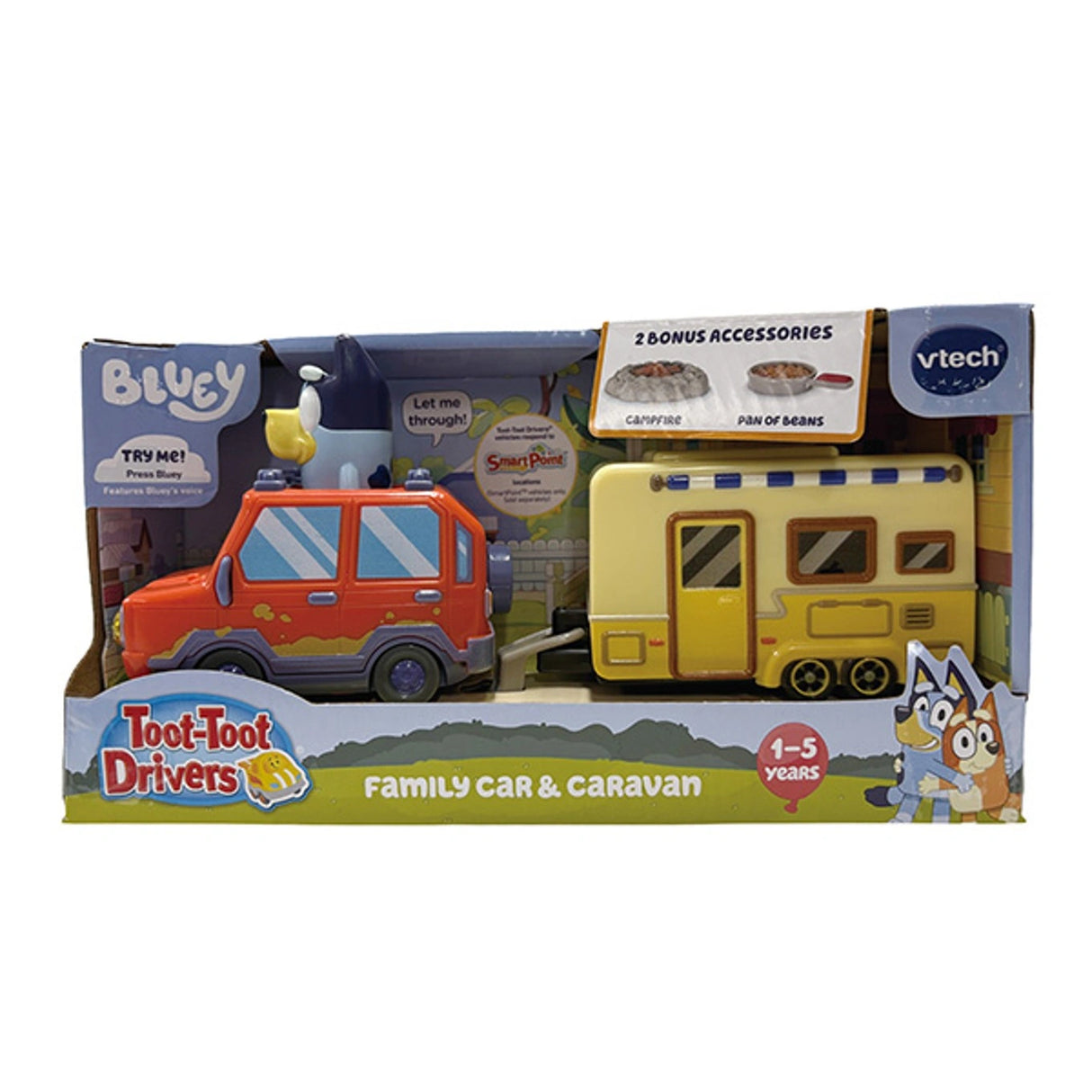 VTech Toot-Toot Drivers Bluey Family Car & Caravan in retail packaging with Bluey and Bingo artwork