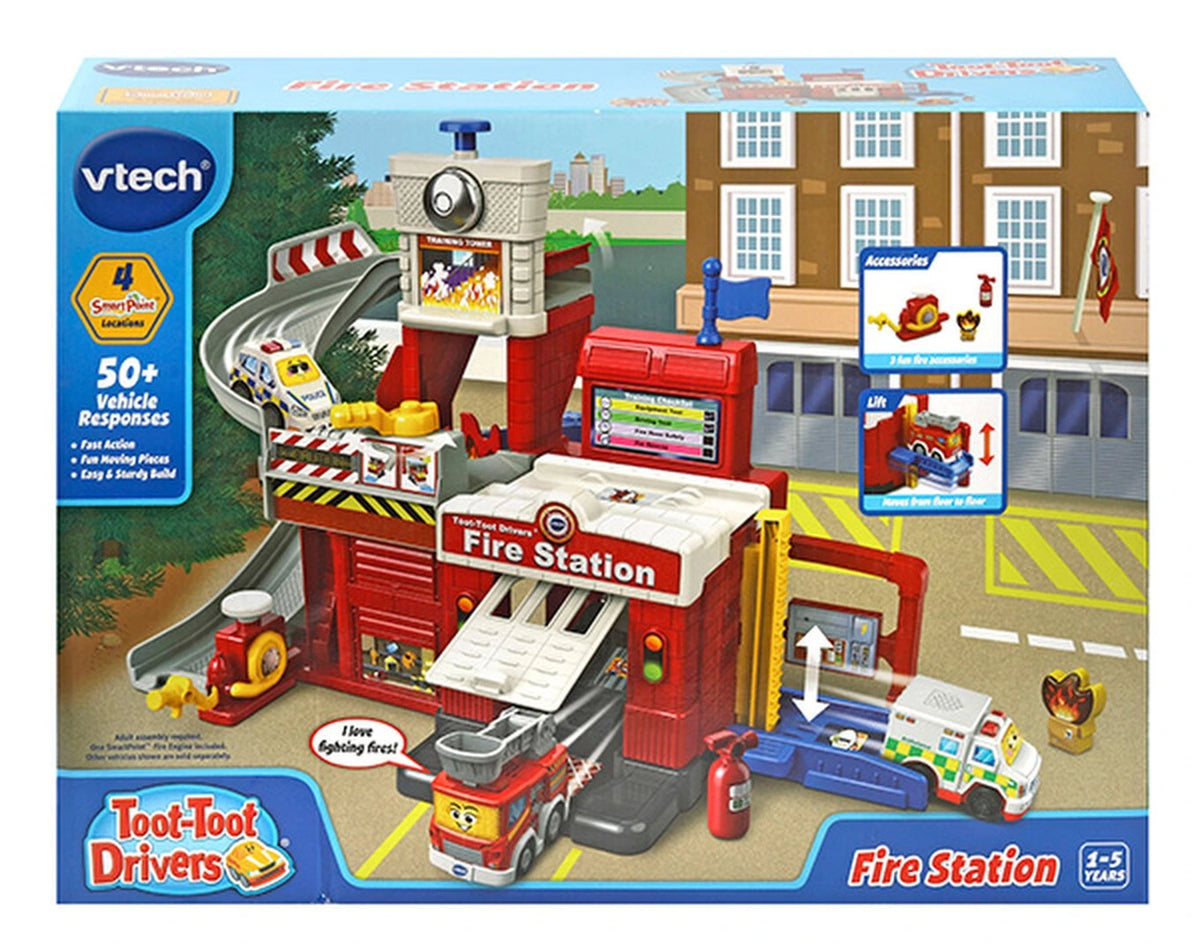 VTech Toot-Toot Drivers Fire Station retail box showing spiral track, lift and Fire Engine