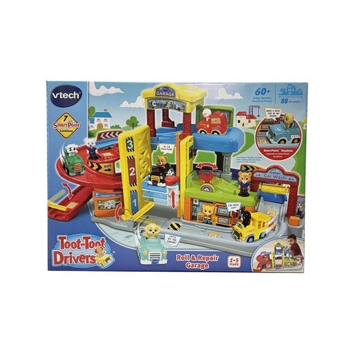 VTech Toot-Toot Drivers Roll & Repair Garage in retail packaging with garage, roadster and play features pictured