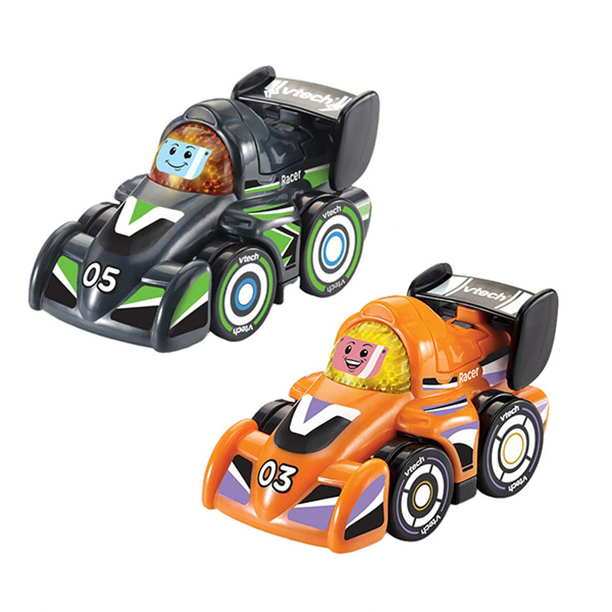 VTech Toot-Toot Drivers V Racers black number 05 car and orange number 03 car
