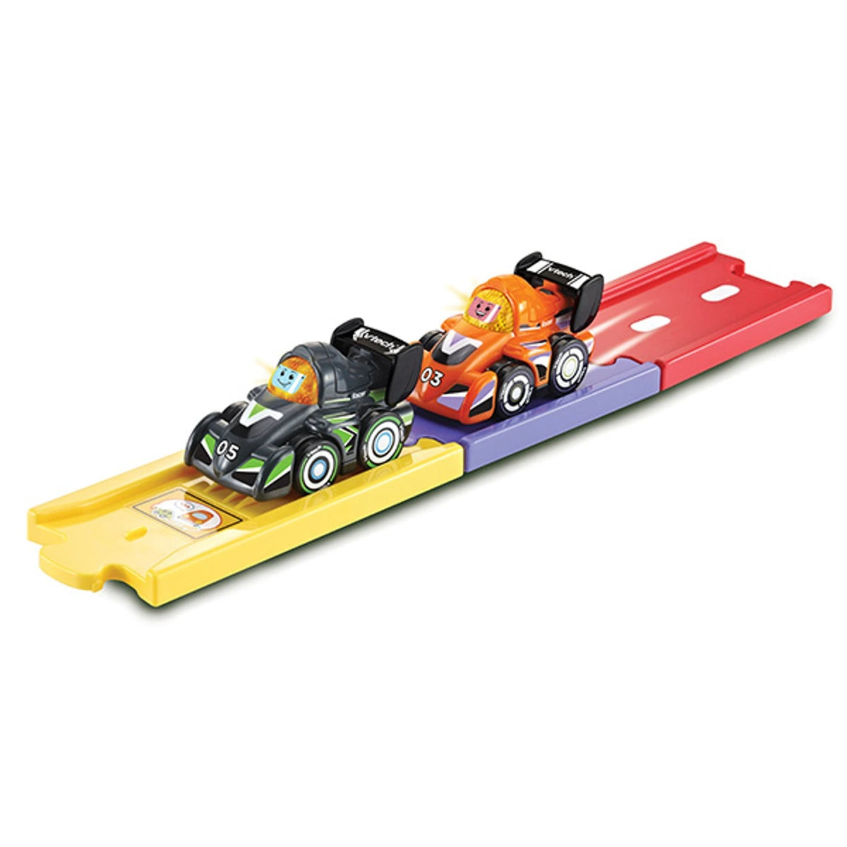 VTech Toot-Toot Drivers V Racers black and orange cars positioned on yellow purple and red track