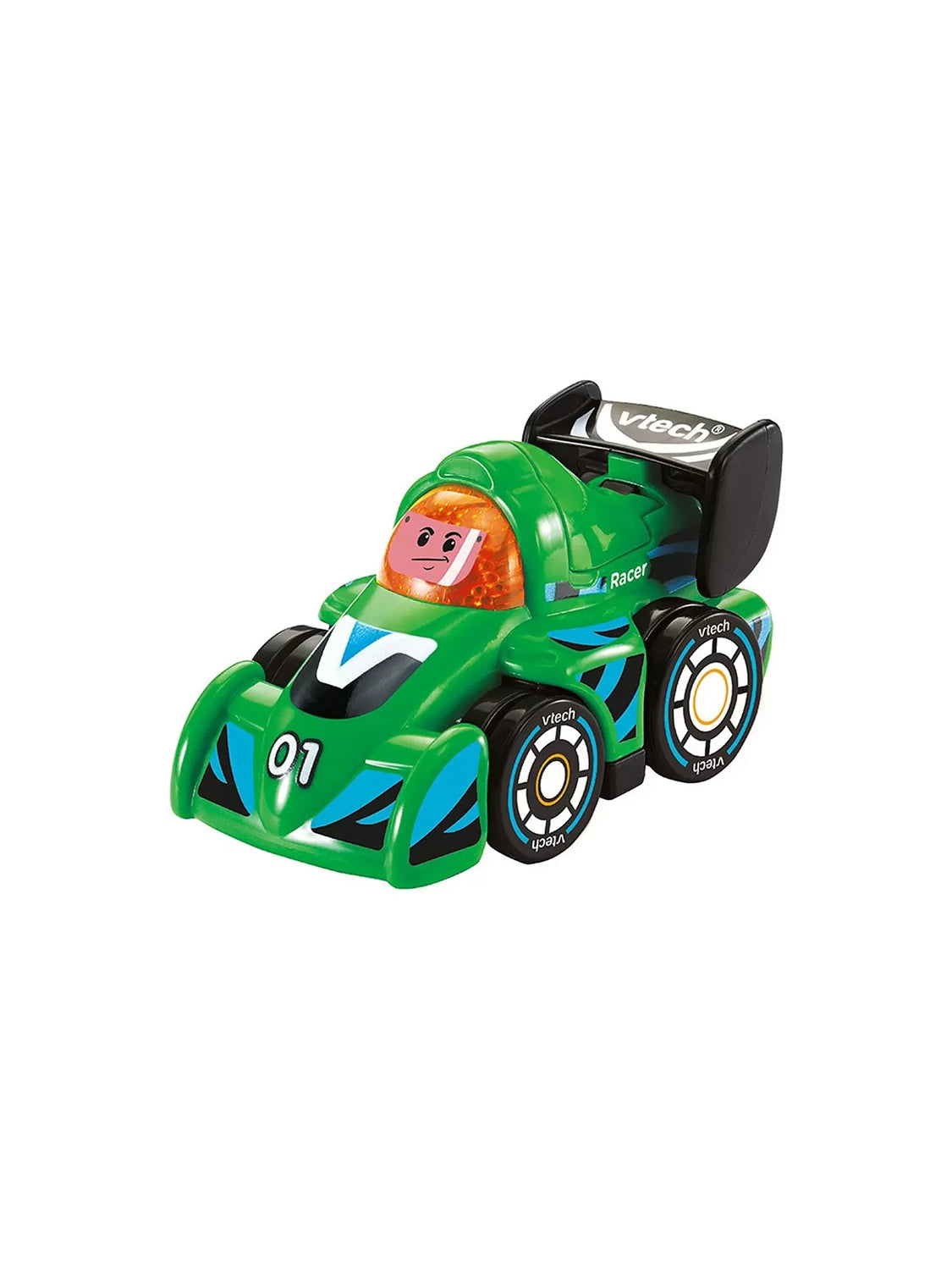 VTech Toot-Toot Drivers green V Racer number 01 with orange light up face, blue graphics and black rear spoiler