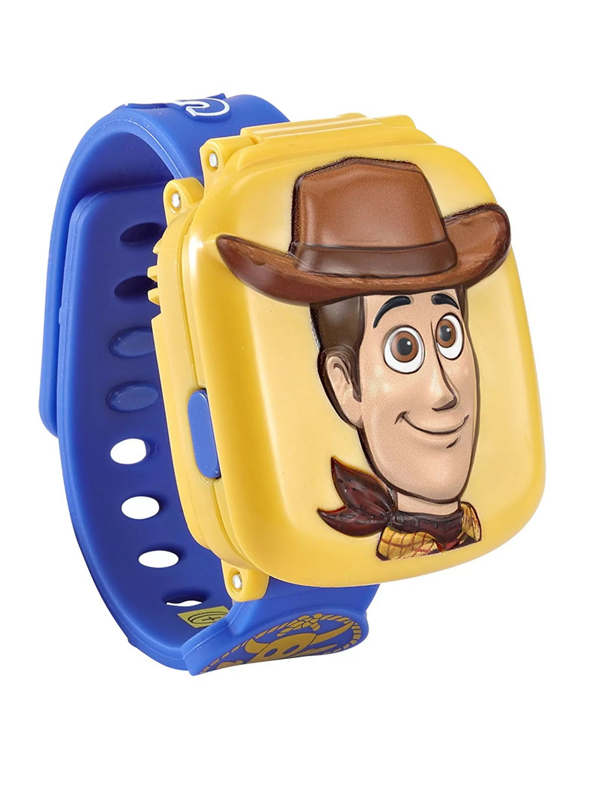 VTech Toy Story 5 Woody Learning Watch with blue strap and yellow flip cover featuring Woody