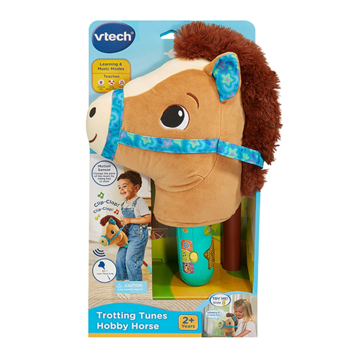 VTech Trotting Tunes Hobby Horse in VTech retail box showing horse head on stick with TRY ME panel and 2+ years age label