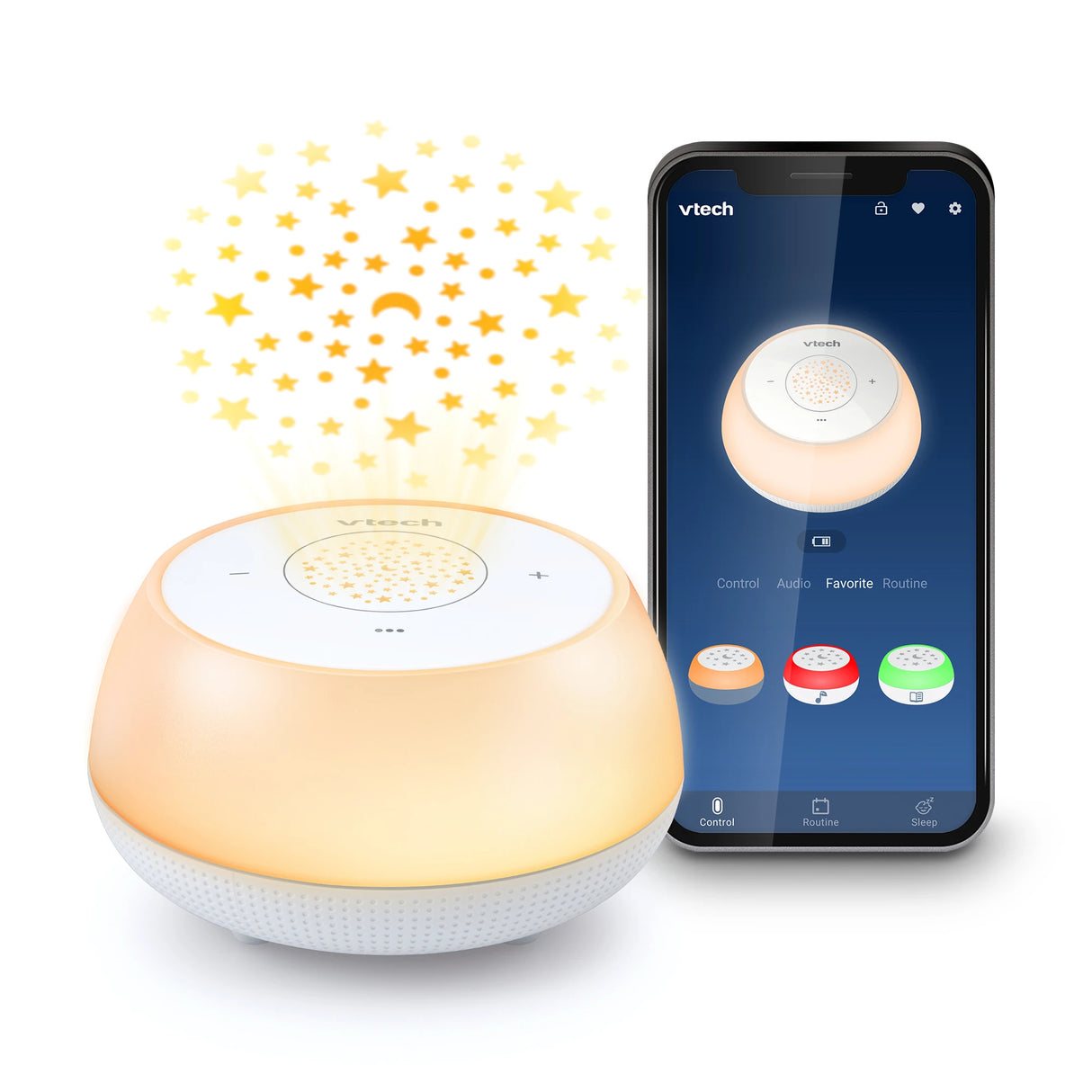 VTech V-Hush Mini Sleep Soother projecting stars beside a phone displaying the mobile app