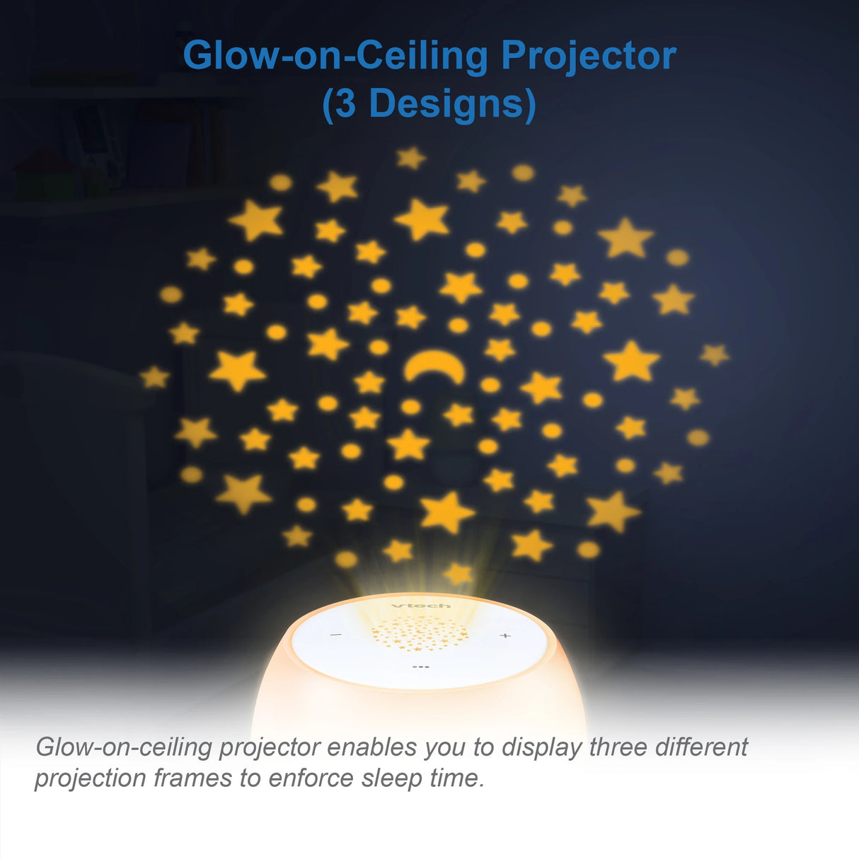 VTech V-Hush Mini Sleep Soother projecting yellow stars and moons onto the ceiling