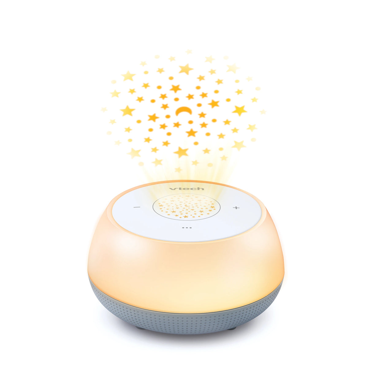 Front view of the glowing VTech V-Hush Mini Sleep Soother projecting yellow stars and moons