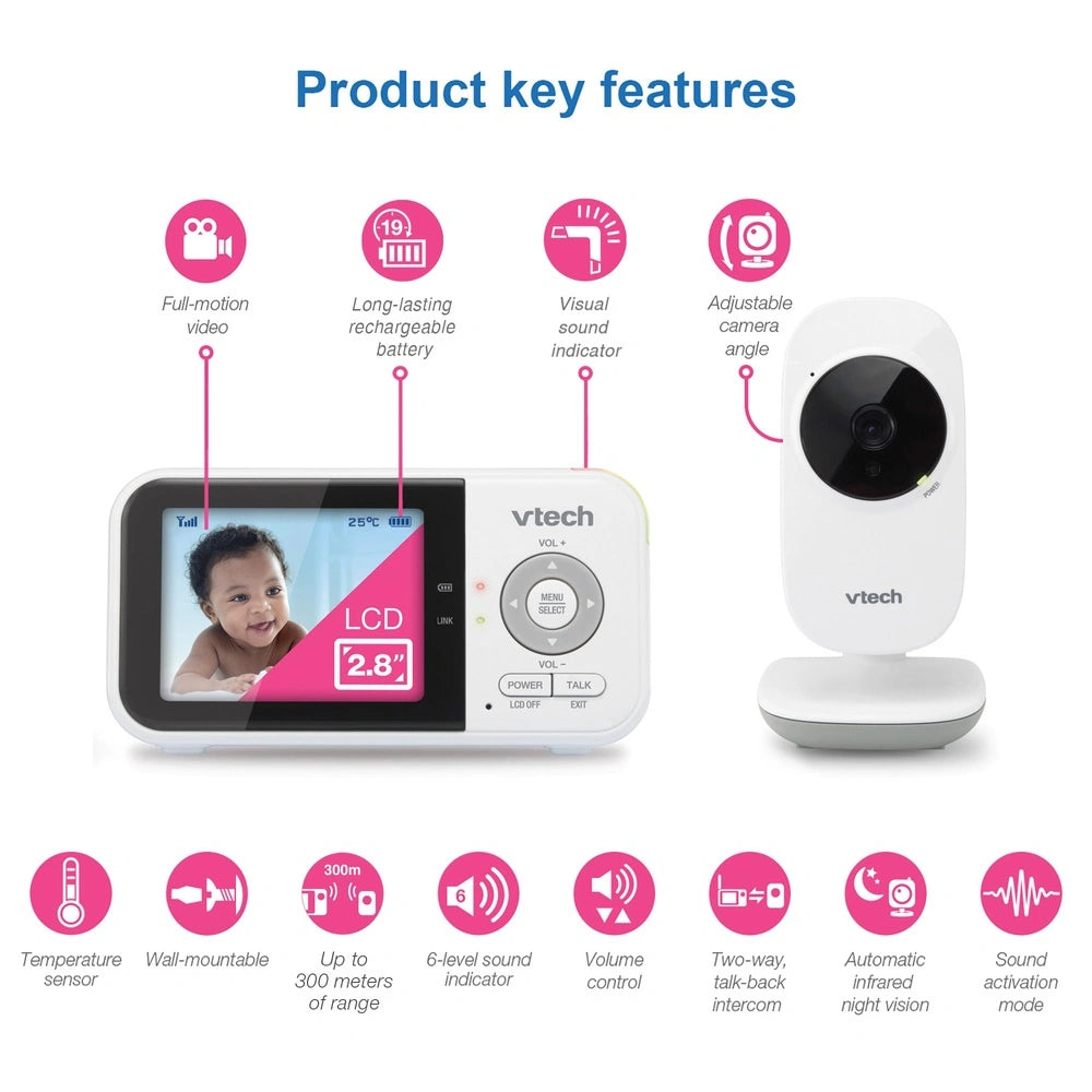 VTech VM819 video baby monitor feature graphic showing colour LCD screen, night vision, talk back intercom, temperature sensor, and sound level indicator icons