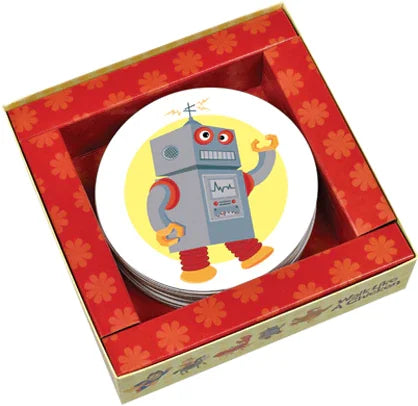 Stack of round Walk Like A Chicken object cards with a robot design on top in Ireland