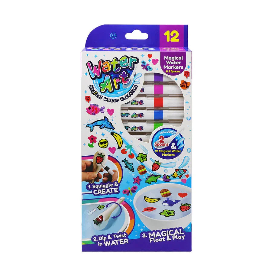Water Art 12 Pack Magical Water Markers set with pens, spoons, and colourful floating creations in water