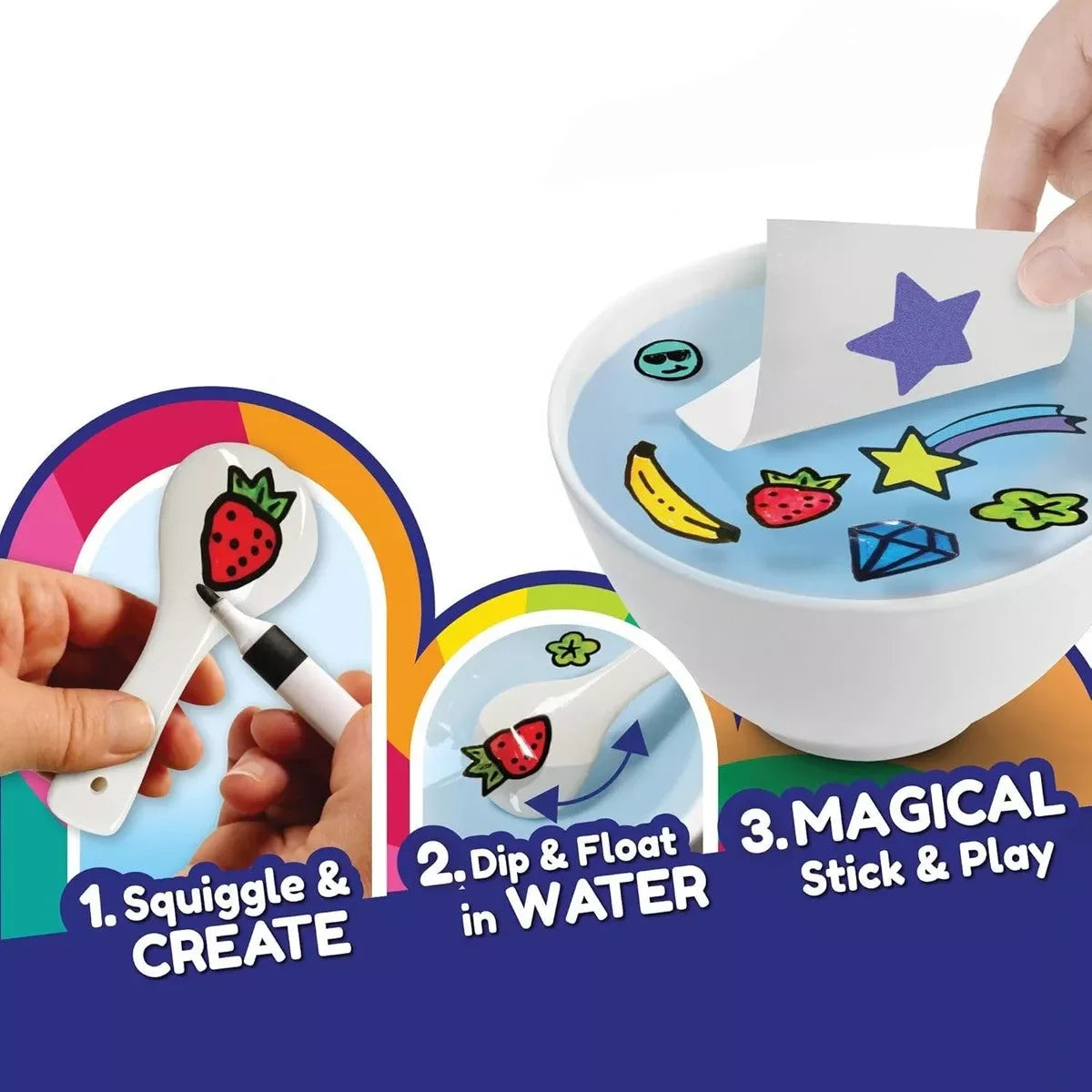 Water Art Sticker Creator showing hand dipping colourful strawberry design in water to make floating art