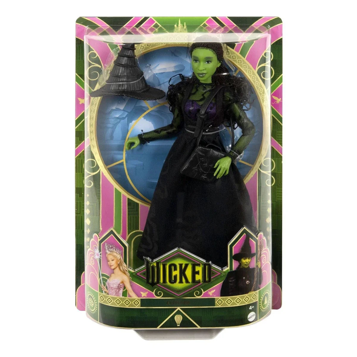Wicked Elphaba fashion doll displayed in original box with detailed dress, hat, and accessories shown clearly