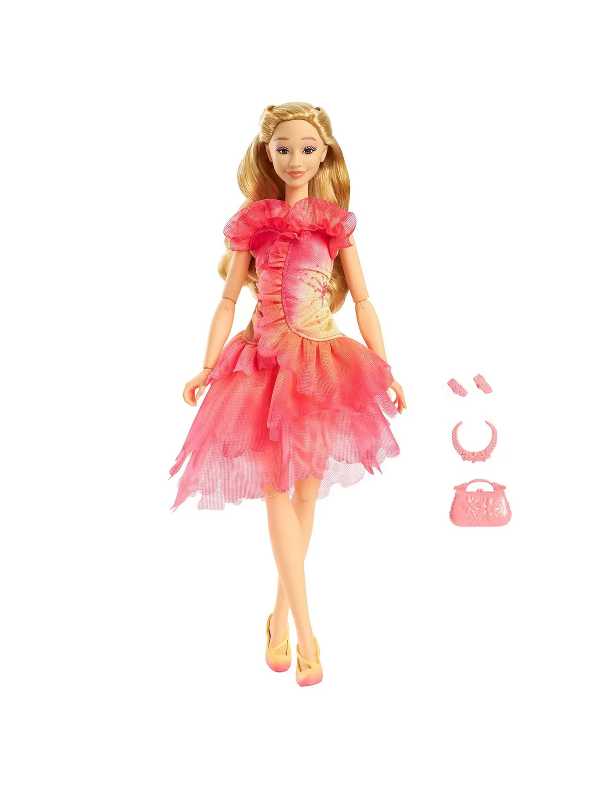 Glinda doll with her pink handbag, necklace, and hair clips arranged clearly beside her layered dress for easy viewing