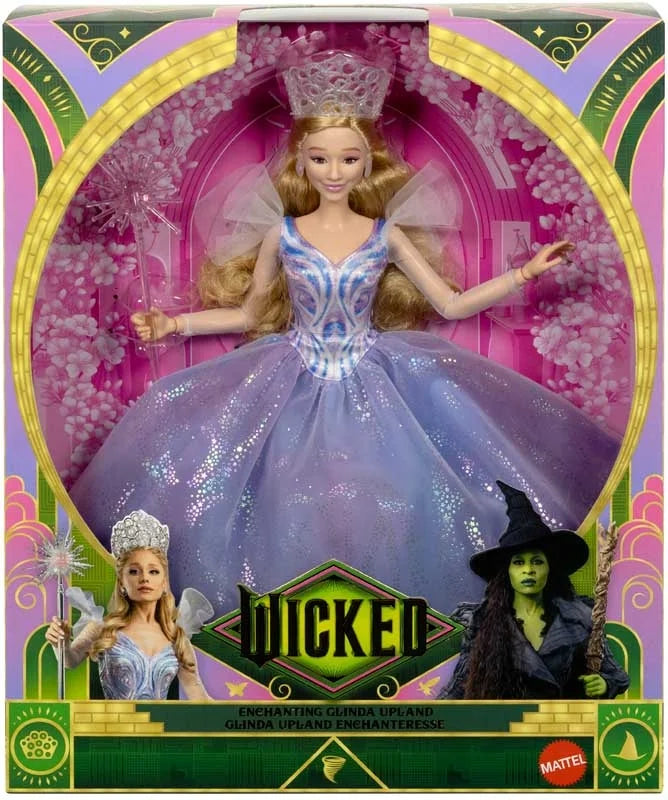 Wicked Glinda doll in display box wearing layered gown, with tiara, wand, and Try Me window visible on front packaging