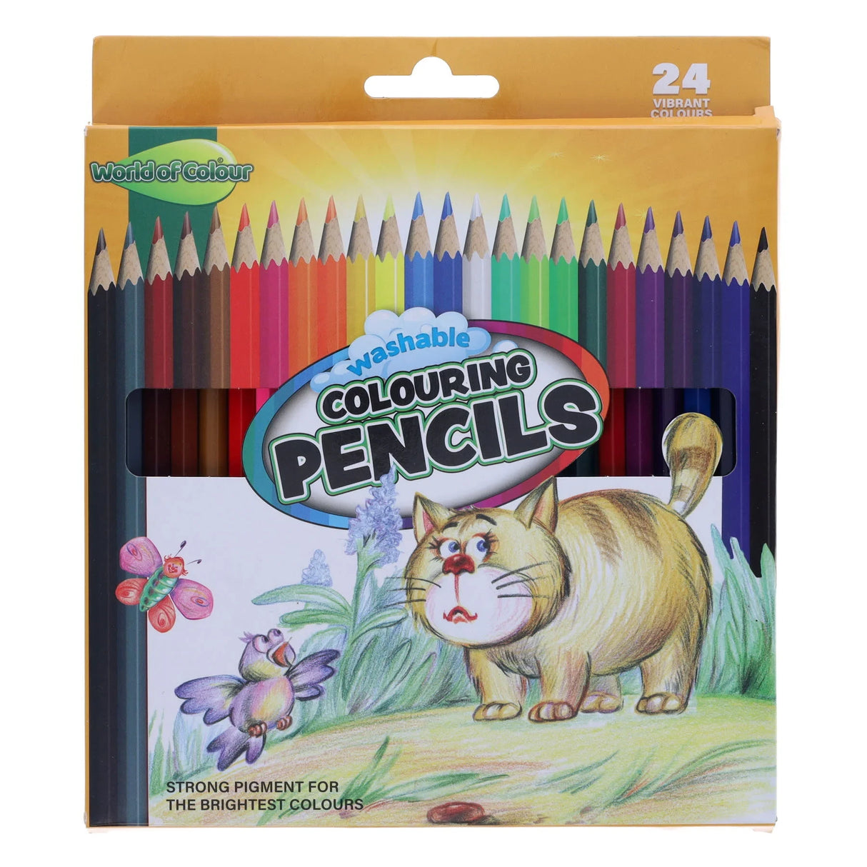 Front of the World of Colour 24 washable colouring pencils pack with colourful pencil tips and guinea pig artwork