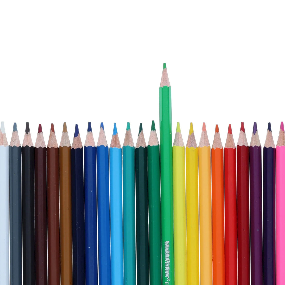 Row of assorted World of Colour colouring pencils with a green pencil raised above the others