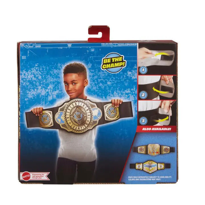 Back of WWE Intercontinental Championship belt packaging showing a child holding the belt and strap adjustment steps