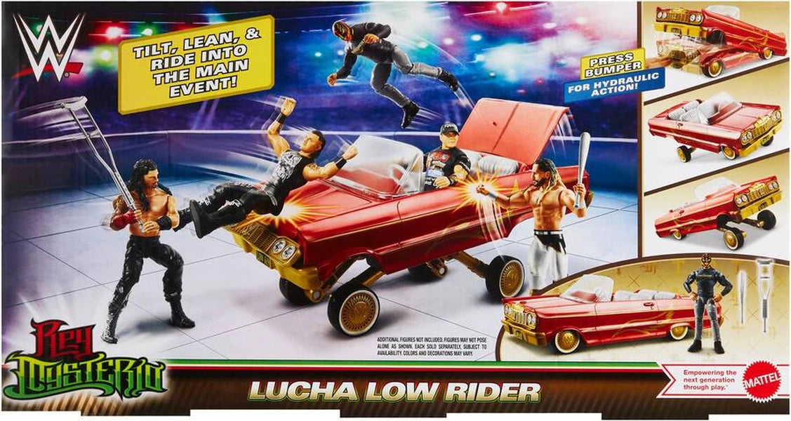 WWE Lucha Low Rider Vehicle box back showing Rey Mysterio, hydraulic action and figure launching features