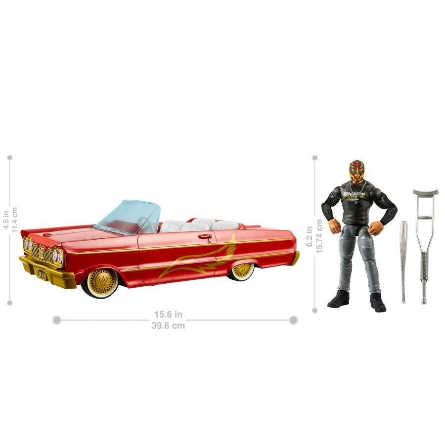 WWE Lucha Low Rider Vehicle dimensions graphic with Rey Mysterio figure, crutch and baseball bat accessories