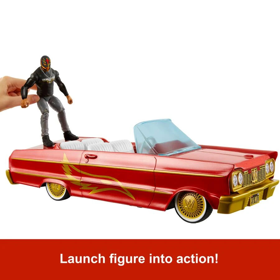 WWE Lucha Low Rider Vehicle showing Rey Mysterio figure positioned for the rear launching feature