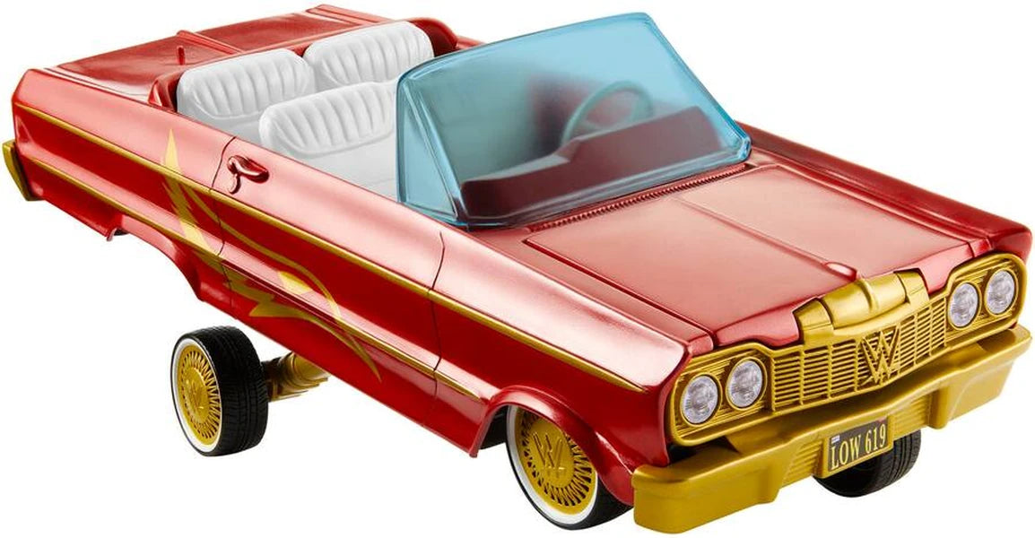 WWE Lucha Low Rider Vehicle front view with red body, gold trim and raised front suspension