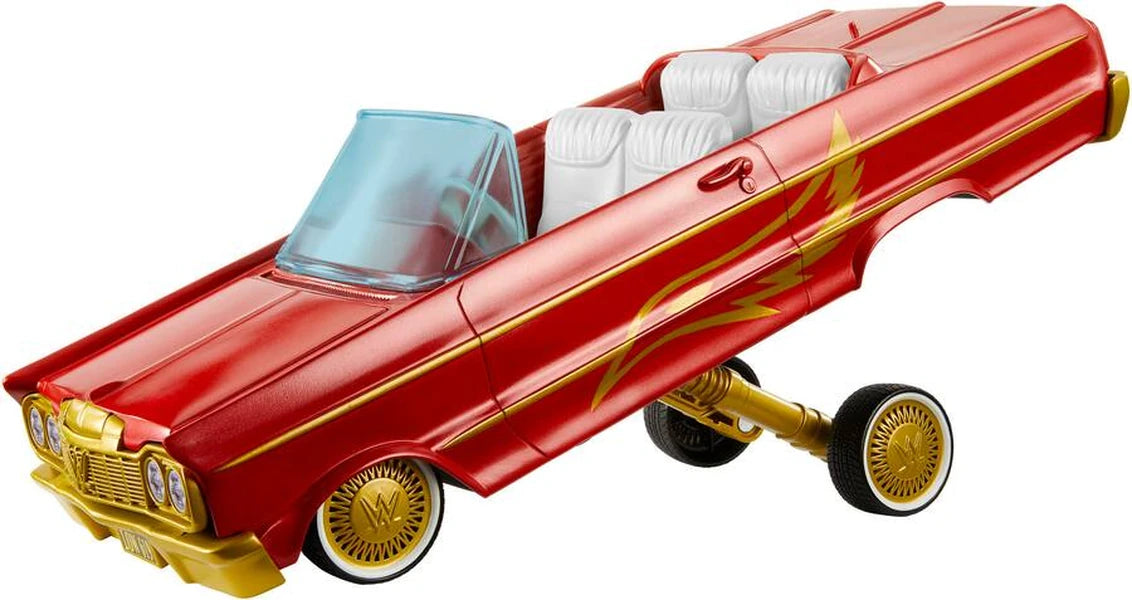 WWE Lucha Low Rider Vehicle angled front view with front suspension raised and gold wire style wheels