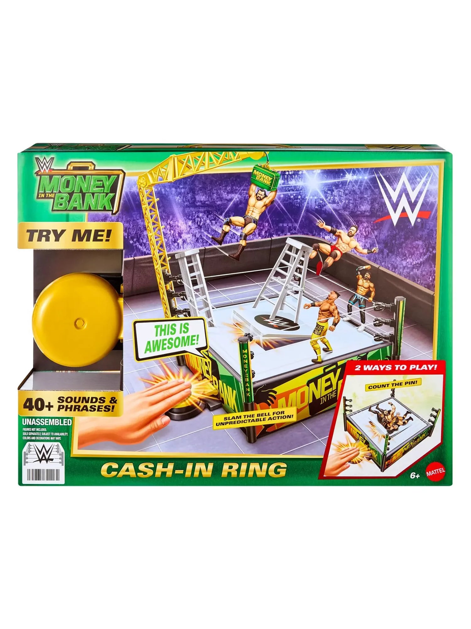 WWE Money in the Bank Cash-In Ring Playset box artwork with ladders and figures in Ireland.