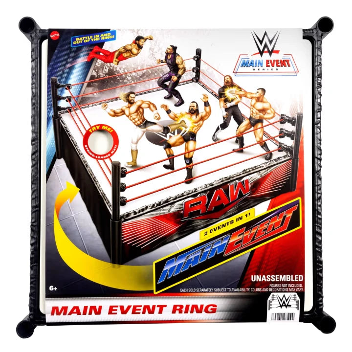 WWE Superstar Ring retail packaging showing Main Event and RAW ring graphics with WWE action figures pictured in the ring
