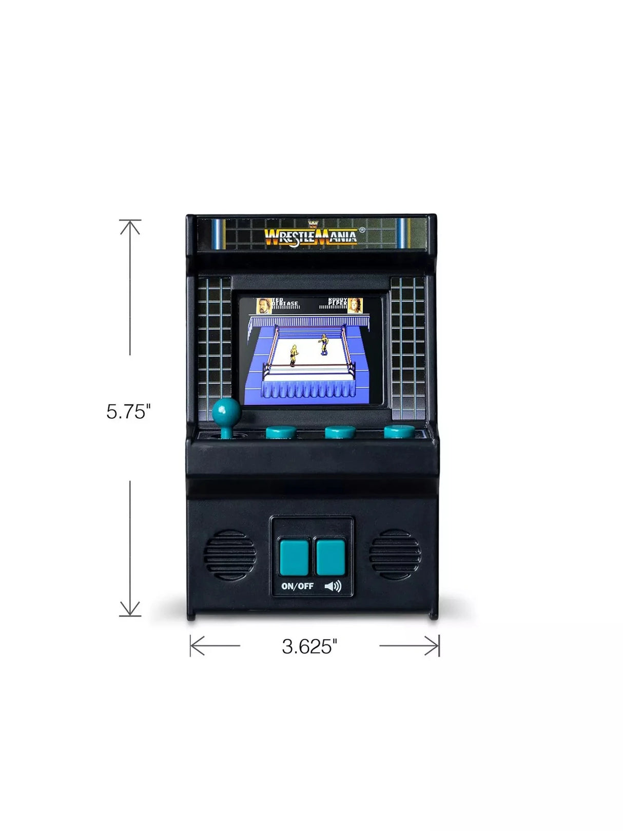 WWE WrestleMania Handheld Electronic Arcade Game front view with dimension markings showing 5.75 inches tall and 3.625 inches wide