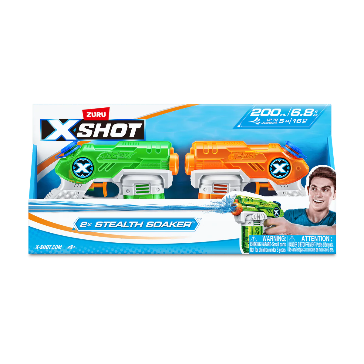 Front of X-Shot Stealth Soaker twin pack box with green and orange water blasters