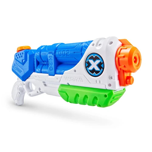 Angled view of X-Shot Typhoon Thunder water blaster in blue, white, green and orange
