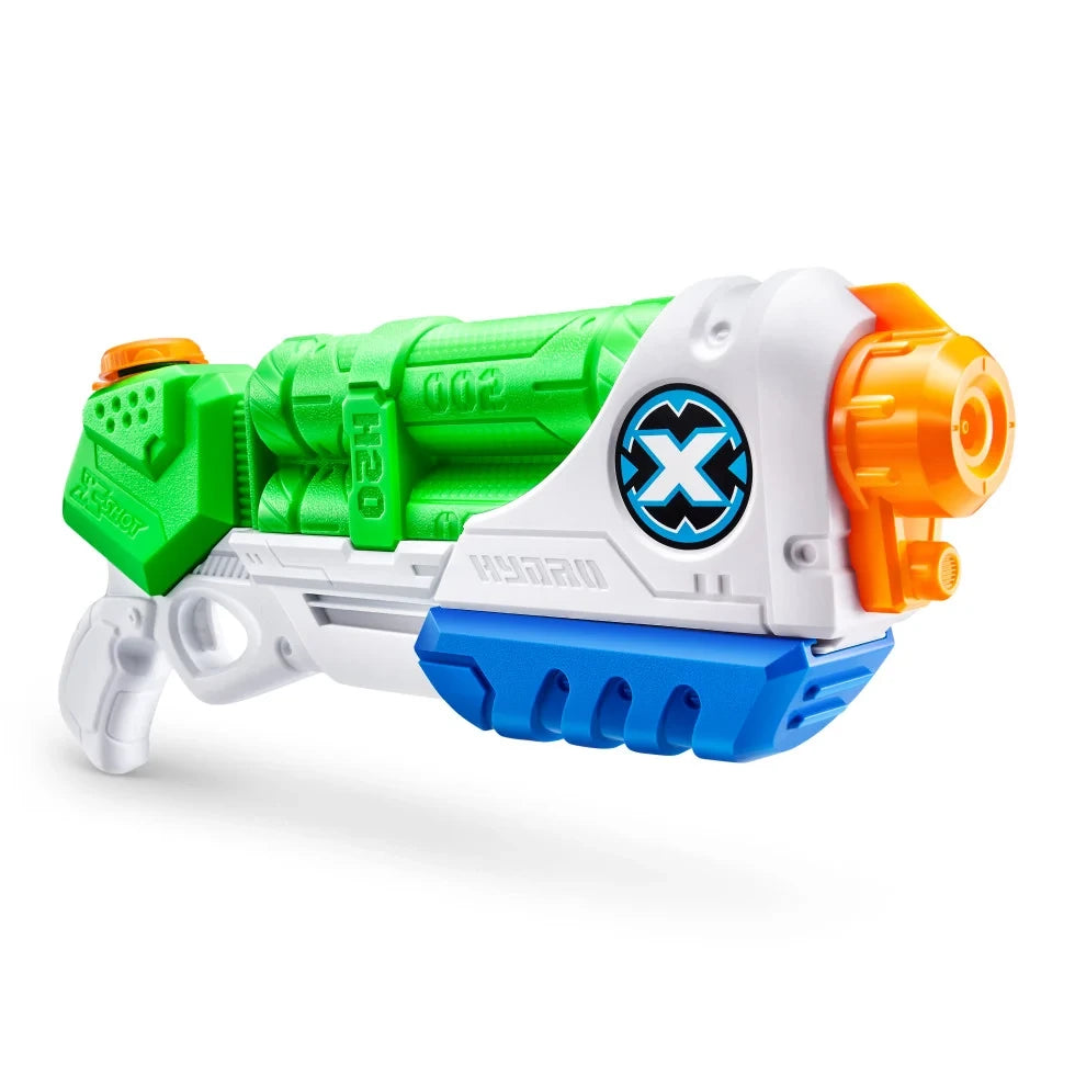 Green, white, blue and orange X-Shot Typhoon Thunder water gun angled on a white background