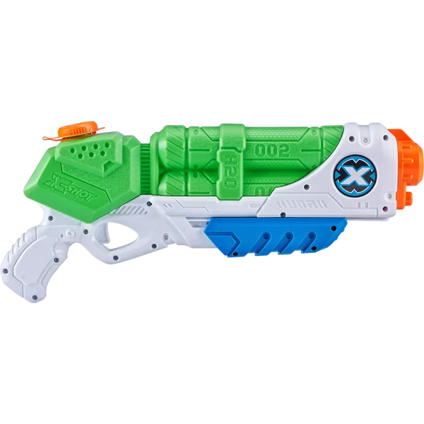 Side view of the green, white, blue and orange X-Shot Typhoon Thunder water gun