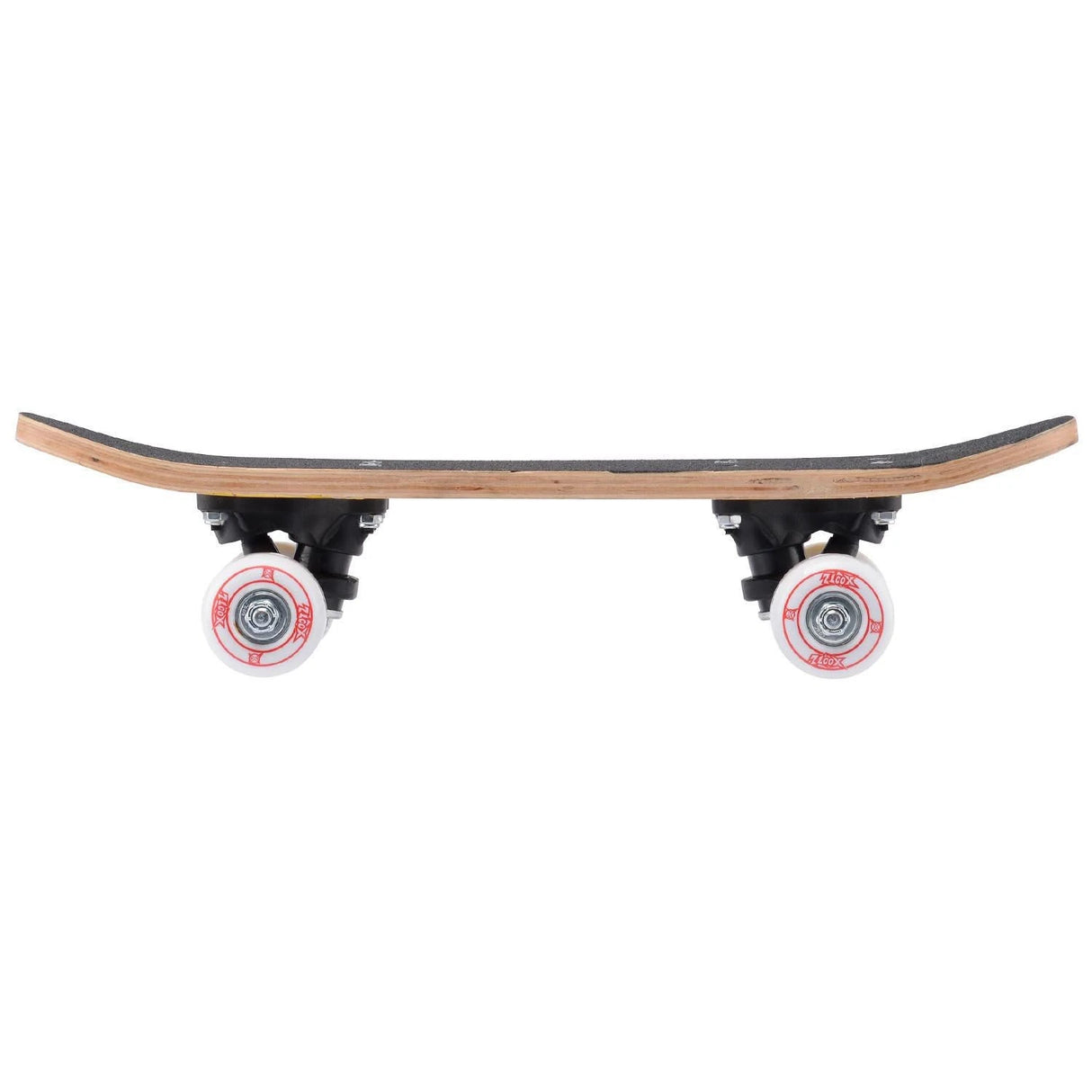 Xootz mini skateboard shown from the side with black grip tape, curved deck and white wheels