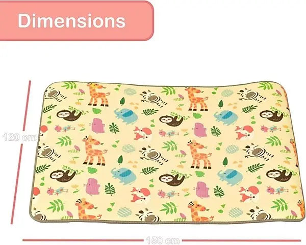 XPE nursery mat laid flat with dimension annotations showing 150cm width and 120cm height