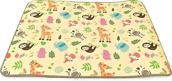 XPE nursery play mat with cream background and colourful wild animal print featuring giraffes, sloths, elephants, zebras, foxes, and tropical leaves