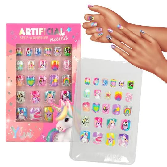 Ylvi Artificial Nails applied on hands with retail box and full nail set of unicorn and rainbow designs in Ireland.