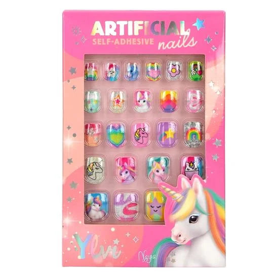 Ylvi Artificial Nails retail box with 24 unicorn and rainbow themed self-adhesive nails displayed in Ireland.