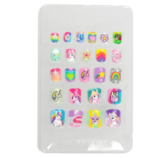 Ylvi Artificial Nails set showing 24 colourful unicorn, rainbow and heart design nails in different sizes in Ireland.