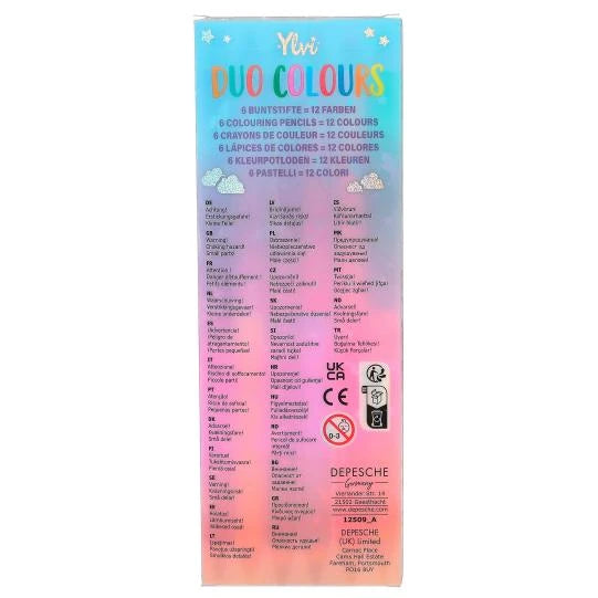 Back of Ylvi Duo Colouring Pencils packaging with product information and safety markings