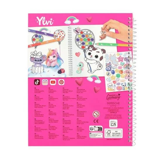 Back cover of the Ylvi Pop and Paint Colouring Book showing illustrated pages, sticker sheet and a child placing a sticker, published by Depesche