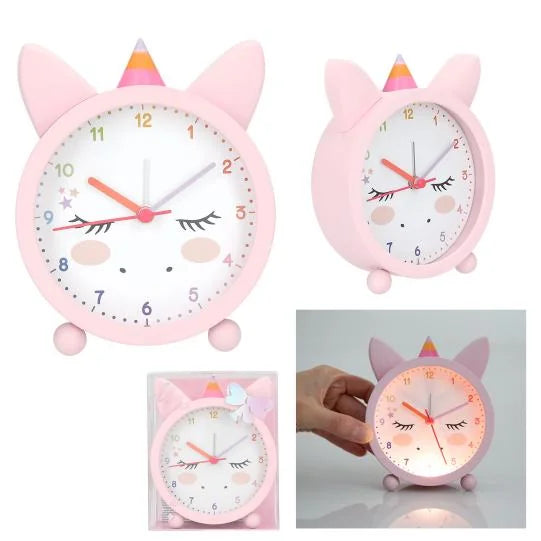 Ylvi Unicorn Alarm Clock collage showing front view, side view, retail box and illuminated light function in Ireland.
